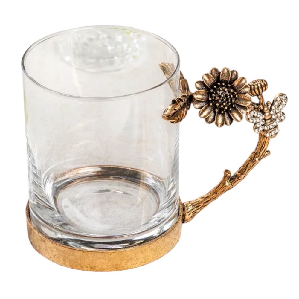 Qualia Glass Antique Gold Brass Jeweled Butterfly Tree Branch Handle Mug 13 oz